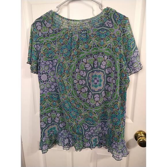 Croft&Barrow Woman L Blouse Blue Green Medallion Artsy Short Sleeve Pullover - Picture 10 of 10